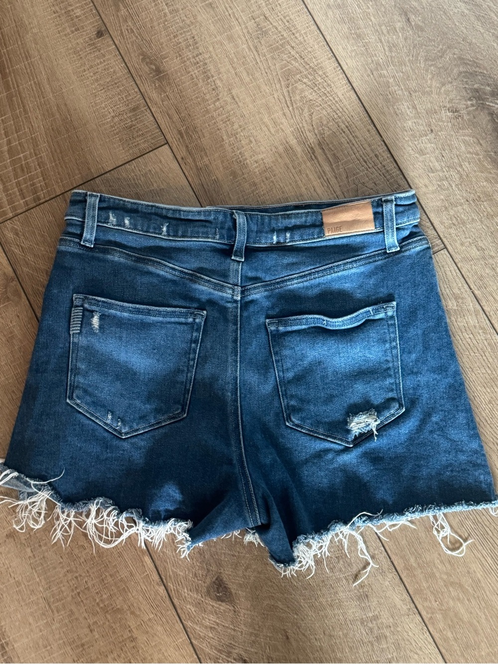 PAIGE Dark Blue Frayed Hem Denim Shorts